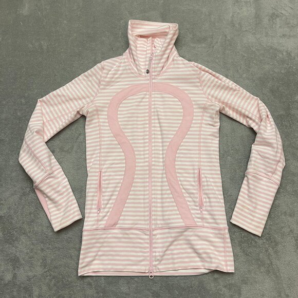 Lululemon Stride Jacket Women 6 Pink White Stripe Hoodie Logo Full Zip Athletic - Picture 1 of 10